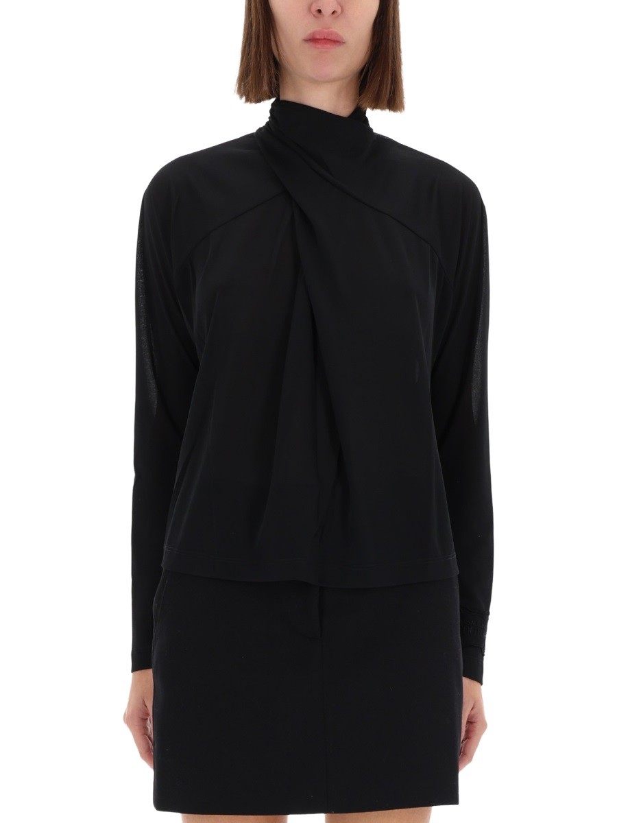 Explore the authentic Versace Jeans Couture women's SHIRT WITH DRAPED COLLAR in Black