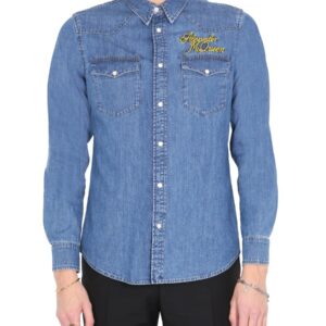Explore the authentic Alexander Mcqueen men's SHIRT WITH EMBROIDERED LOGO in Blue