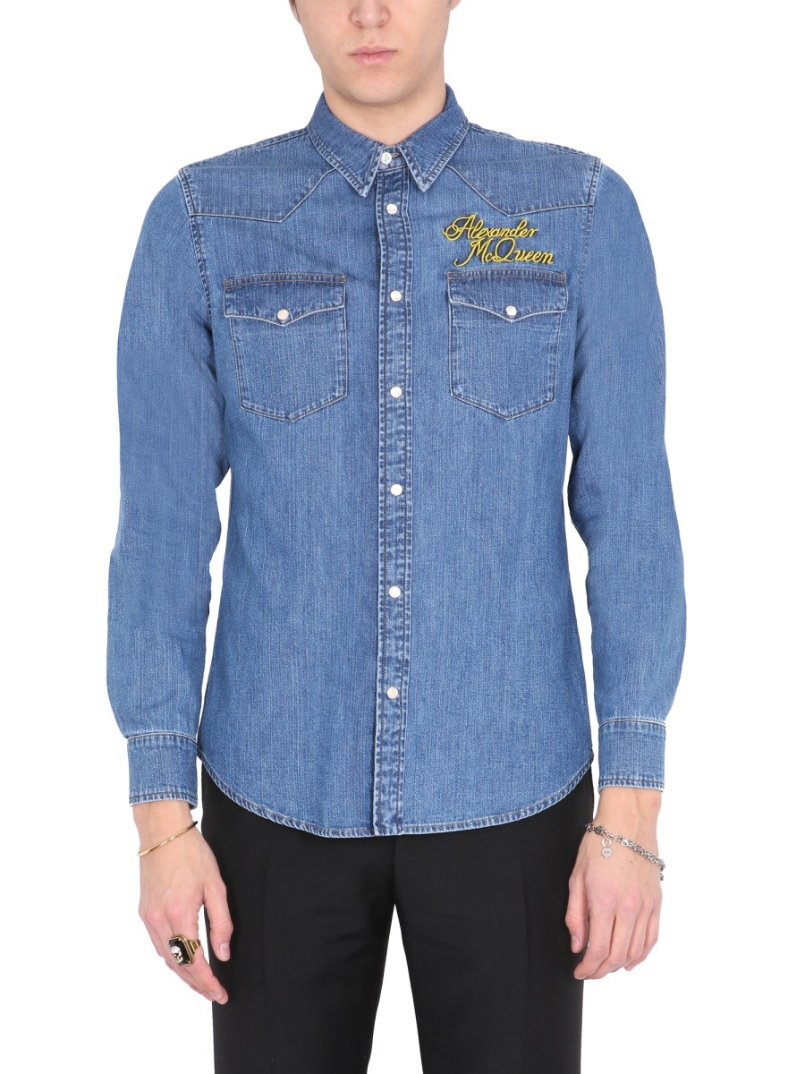 Explore the authentic Alexander Mcqueen men's SHIRT WITH EMBROIDERED LOGO in Blue