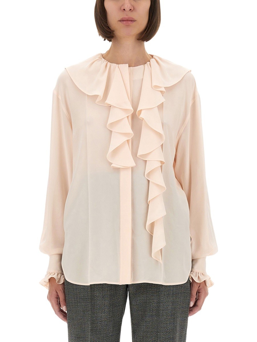 Explore the authentic Alexander Mcqueen women's SHIRT WITH RUFFLES in Pink