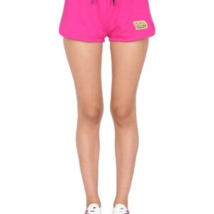 Explore the authentic Versace women's SHORTS WITH GREEK LOGO PATCH in Fuchsia