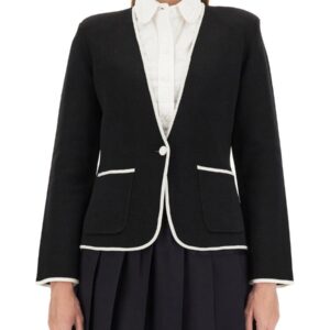 Explore the authentic THOM BROWNE women's SINGLE-BREASTED COLLARLESS JACKET in Black