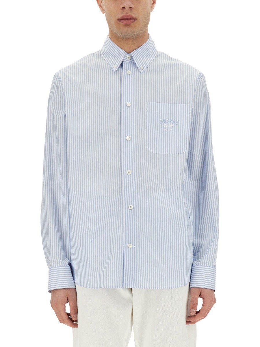 Discover the authentic Versace men's STRIPED SHIRT WITH SILK PRINTED INSERT in Azure