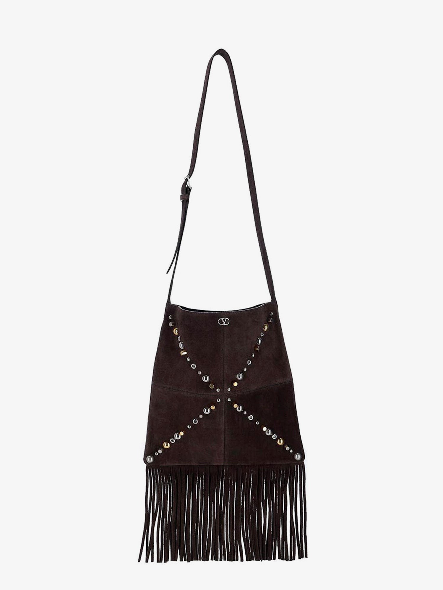 Shop the authentic Valentino Garavani men's Suede shoulder bag with fringes and metal details in Testa di moro