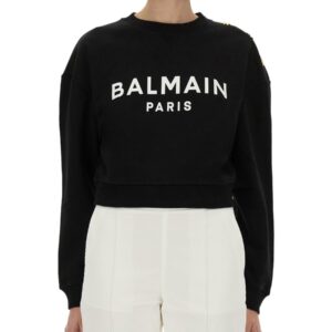 Explore the authentic Balmain women's SWEATSHIRT WITH LOGO PRINT in Black