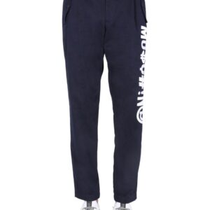 Elevate your look with the Moschino men's SYMBOLS LOGO TROUSERS in Blue