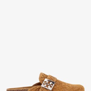 Shop the authentic Tory Burch women's T Monogram Mellow jacquard suede Mule in Golden brown/silver