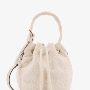 Explore the authentic Tory Burch women's T Monogram Terry Mini canvas bucket bag in New ivory