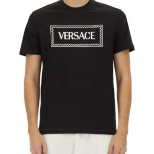 Explore the authentic Versace men's T-SHIRT WITH '90S VINTAGE EMBROIDERED LOGO in Black