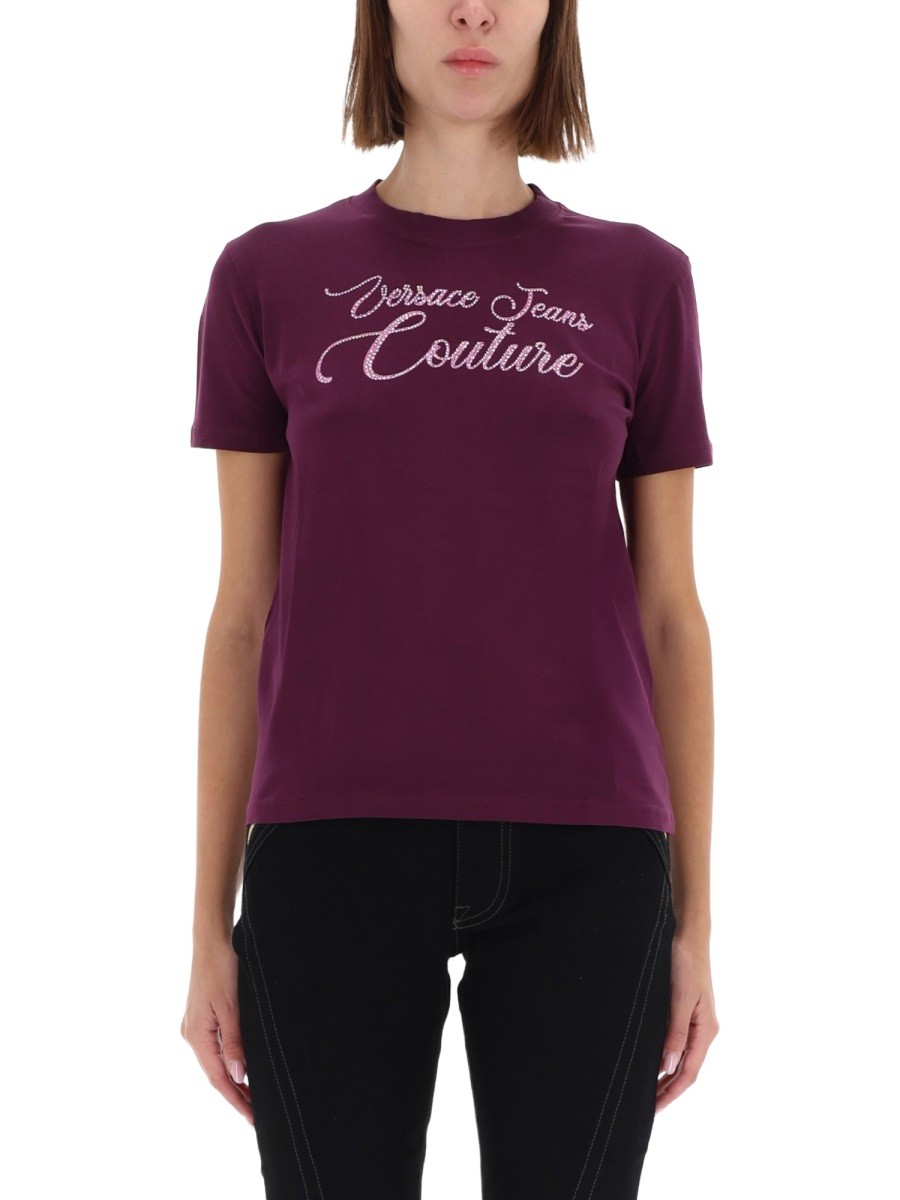 Shop the authentic Versace Jeans Couture women's T-SHIRT WITH LOGO AND RHINESTONES in Bordeaux