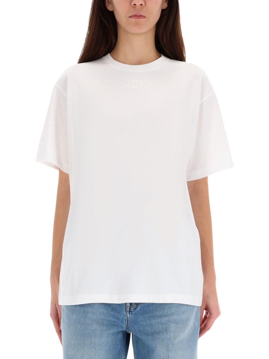 Explore the authentic Gucci women's T-SHIRT WITH LOGO EMBROIDERY in White