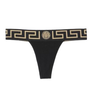 Refresh your wardrobe with the Versace women's THONG WITH GREEK in Black