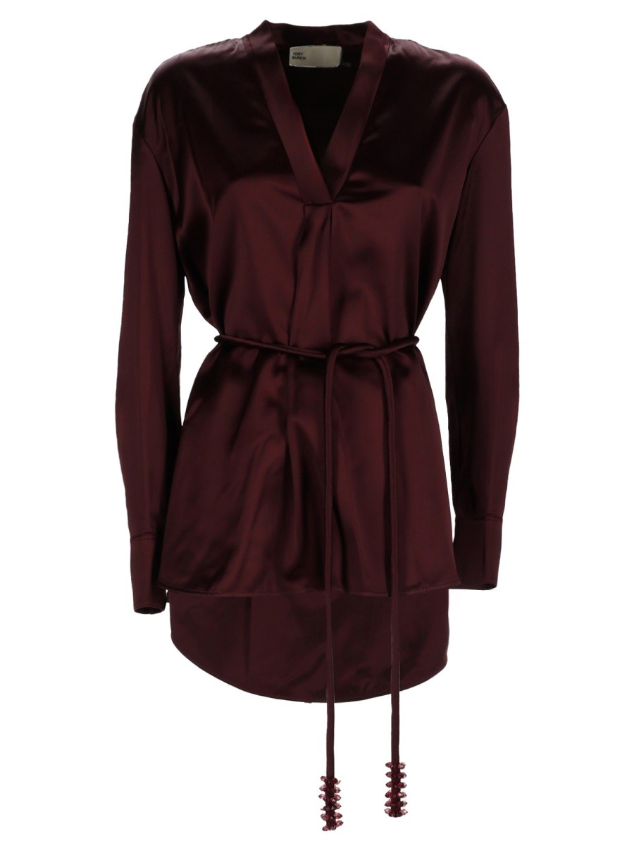 Refresh your wardrobe with the Tory Burch women's TOP WITH BELT in Bordeaux