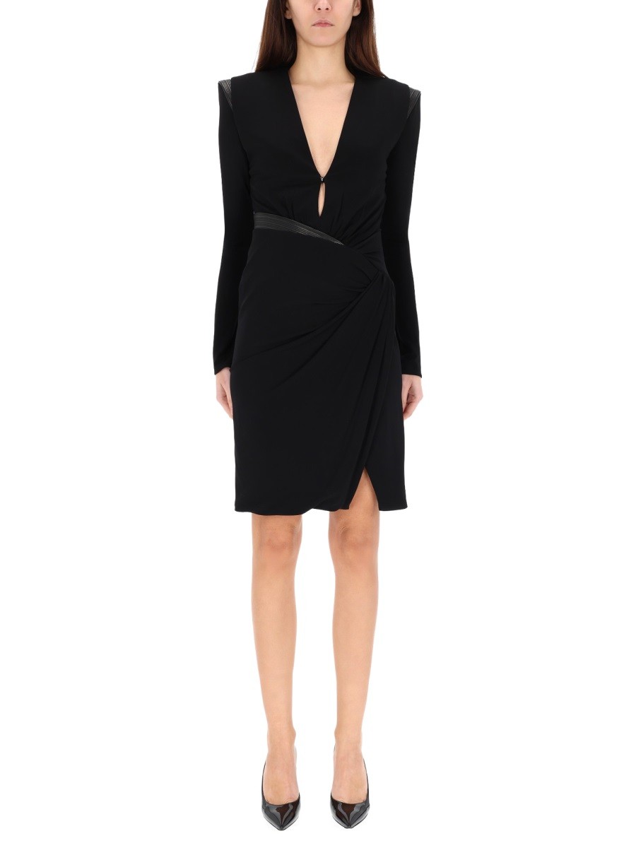 Refresh your wardrobe with the Versace women's V-NECK MINI DRESS in Black