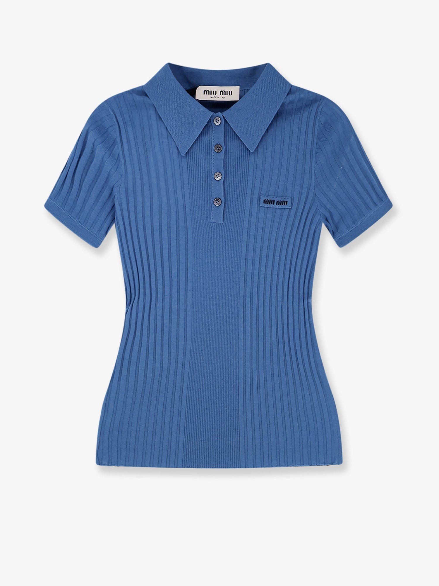Discover the authentic Miu Miu women's Virgin wool polo shirt in Avio