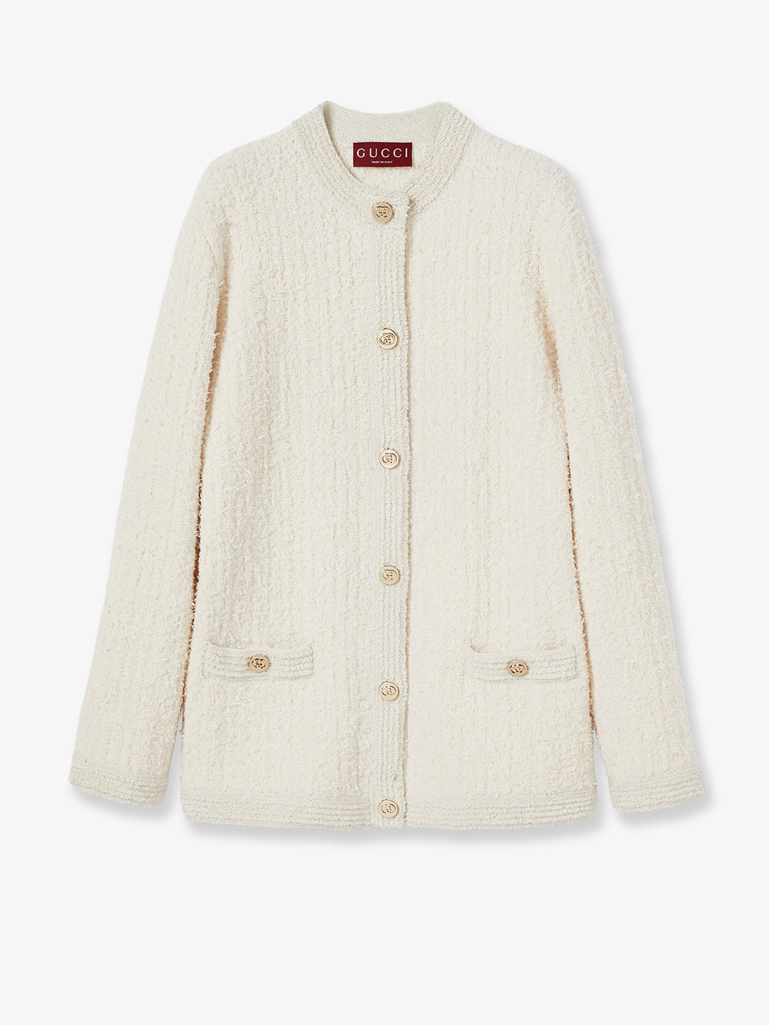 Discover the authentic Gucci women's Wool and cotton blend cardigan in IVORY SILVER MC
