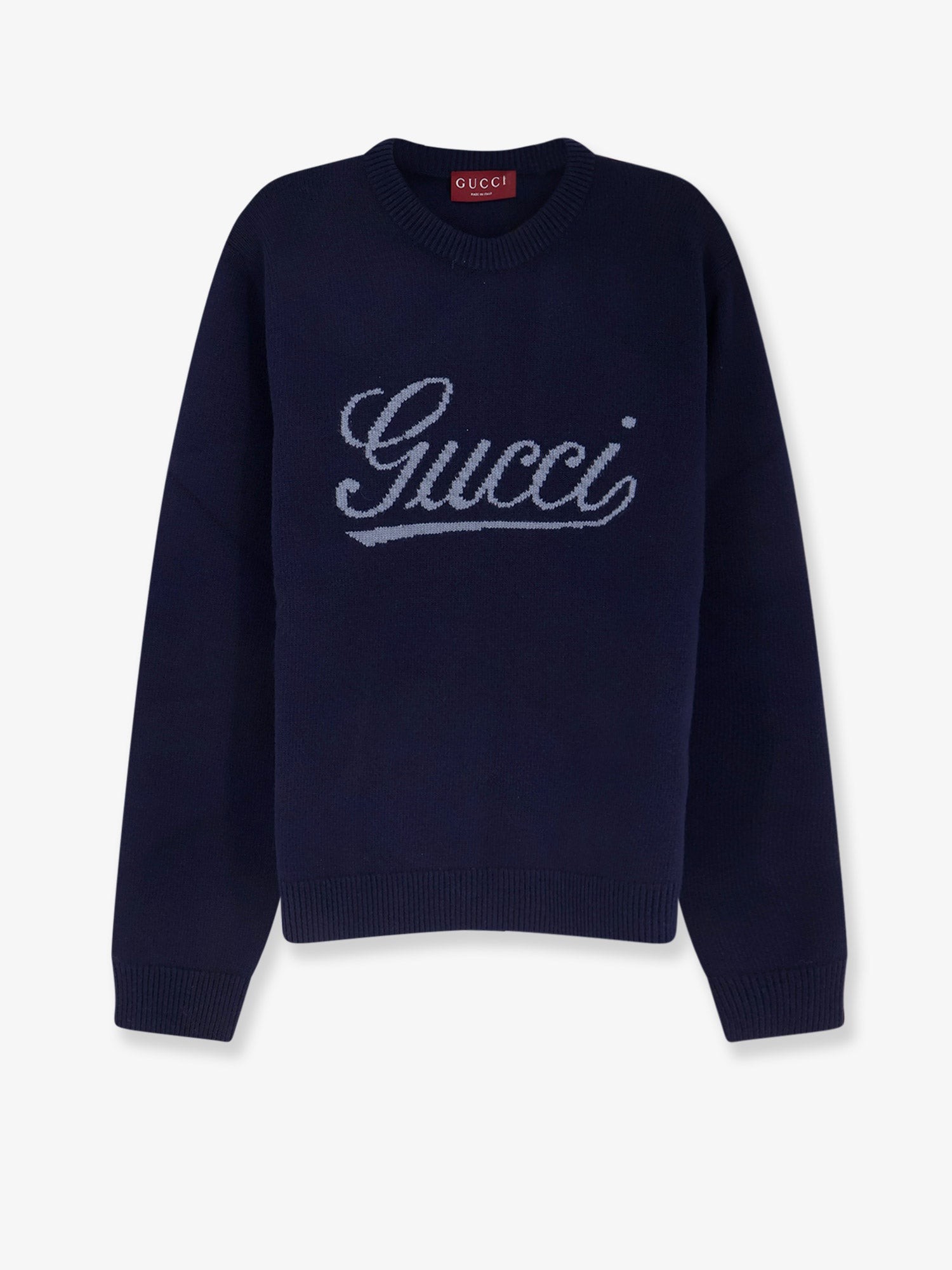 Explore the authentic Gucci men's Gucci logo intarsia sweater in Blue