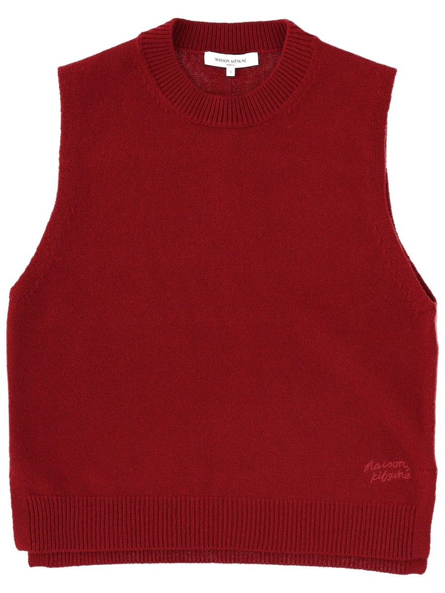 Elevate your look with the Maison Kitsune women's WOOL VEST in Bordeaux